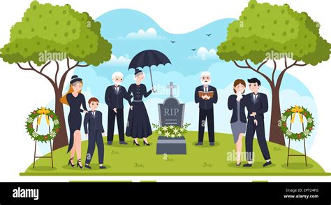 Funeral Ceremony In Grave Of Sad People In Black Clothes Standing And