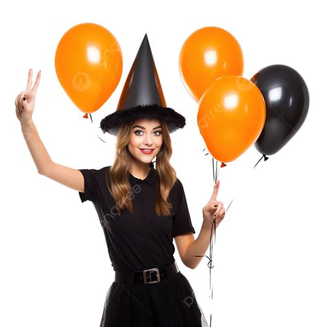 Young Witch Holding Black And Orange Air Balloons For Halloween Parties Pointing Up A Great Idea