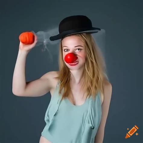 Blonde Freckled Woman With Red Clown Nose Wearing A Bowler Hat Spraying