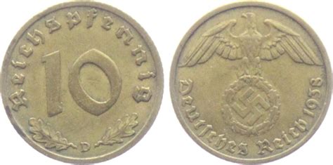 Drittes Reich 1938 D 10 Reichspfennig Mit Hakenkreuz VF EF MA Shops