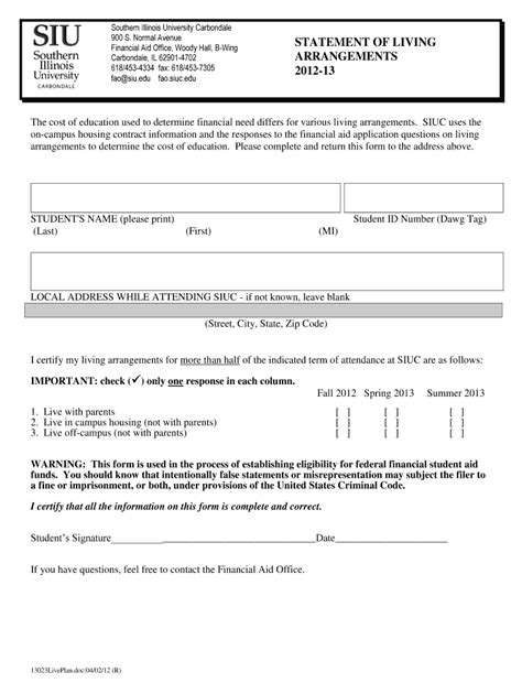 Fillable Online Fao Siu Statement Of Living Arrangements Form