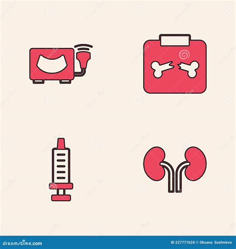 Set Human Kidneys, Ultrasound, X-ray Shots with Broken Bone and Syringe
