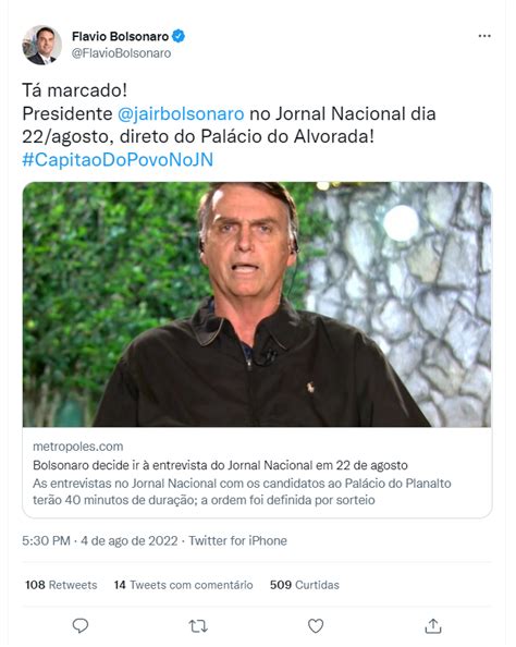 Flávio confirma que Bolsonaro será entrevistado pelo JN Brasil