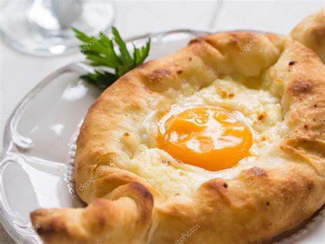 Ajaruli Khachapuri Georgian Bread With Egg And Cottage Cheese Stock