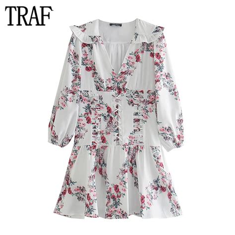 TRAF Mini Vestido De Babados Florais Femininos Vestidos De Fadas