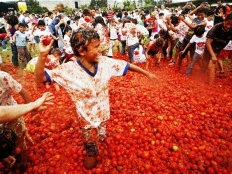 Tomaten Gooien Tijdens La Tomatina In Spanje Spanje Tomaten