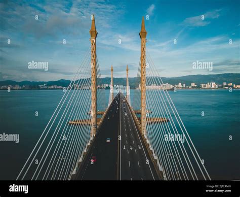 An Aerial Shot Of The Penang Bridge In Malaysia Crossing Penang Strait