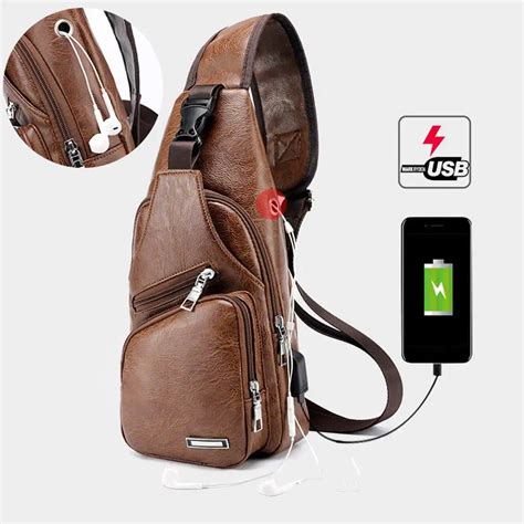 New Men S Crossbody Bags USB Charging Chest Bag PU Leather Shoulder Bag