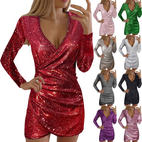 Yuuand Dresses For Women 2024 Clearance Basic Women Sexy Dress Sequins V Neck Sexy Long Sleeve