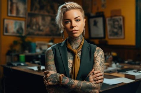 Premium Photo A Tattooed Woman With Blonde Short Haircut Standing In