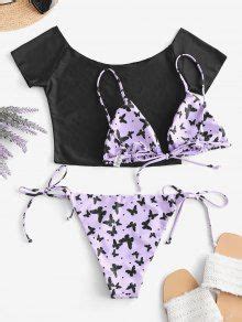 63 OFF 2022 ZAFUL Off Shoulder Butterfly String Three Piece Bikini