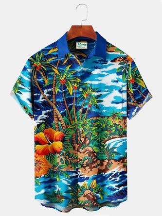 Royaura Beach Vacation Blue Men S Hawaiian Shirt Coconut Tree Stretch