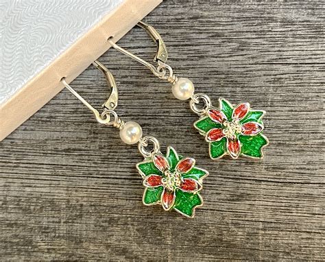 Sterling Silver Christmas Poinsettia Dangle Earrings Sterling Silver Lever Backs Holiday