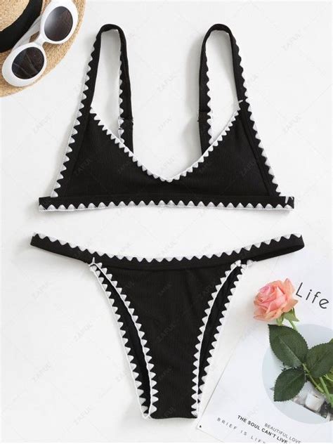 [37 Off] 2021 Zaful Whip Stitch Trim Ribbed Bikini Swimsuit In Black