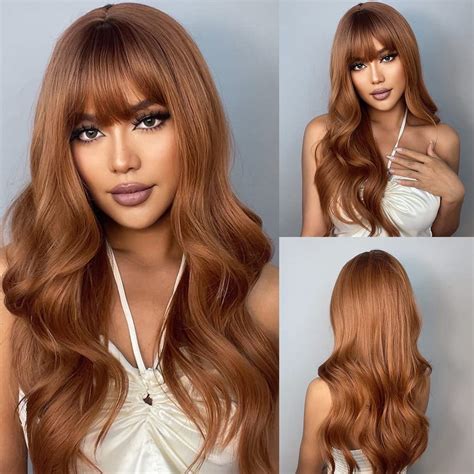 Haircube Orange Brown Wigs For Womenlong Wave Synthetic Wigs With Bangs Heat