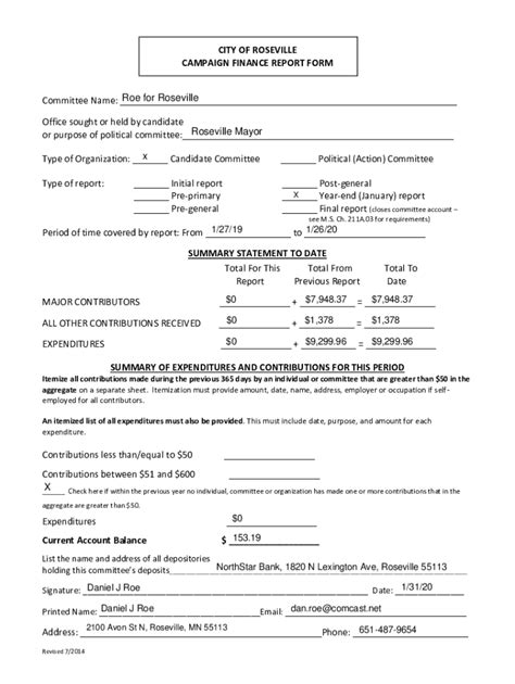 Fillable Online Campaign Finance Report Form Roe For Roseville