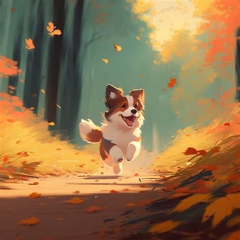 Running Dog in Autumn Forest