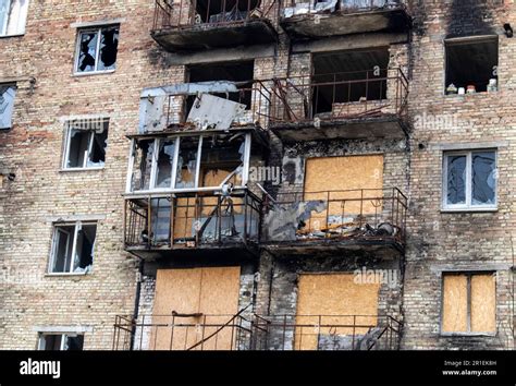 Burnt apartments in a multi-storey residential building, the ...