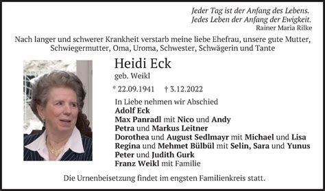 Traueranzeigen Von Heidi Eck Trauer Merkur De