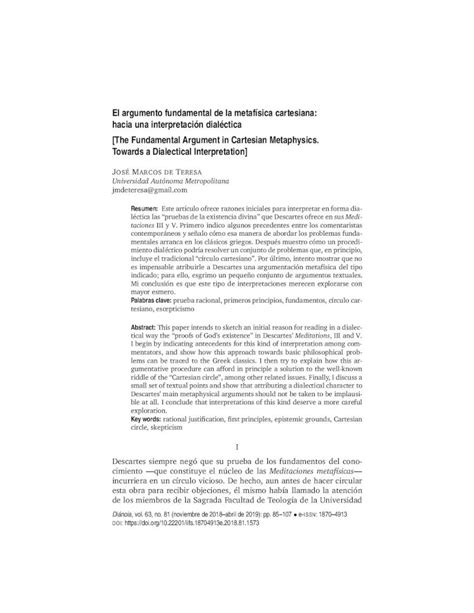 PDF Elargumento fundamental de la metafísica cartesiana