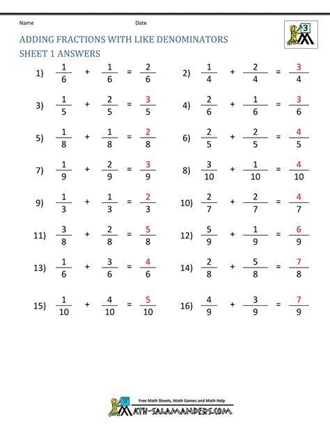 Free Fraction Worksheets Adding Subtracting Fractions