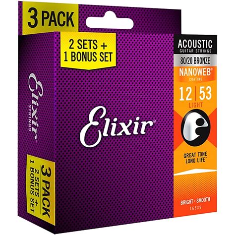 Elixir Bonus Pack Nanoweb Coating 80 20 Bronze Light Acoustic Guitar Strings 3 Pack Guitar Center