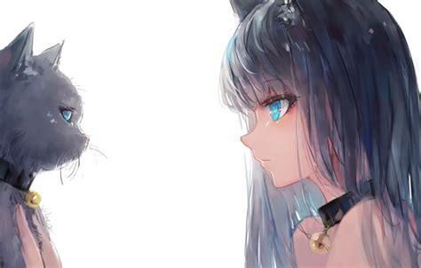 Wallpaper White Background Collar Blue Eyes Black Cat Ears Tete A Tete Art Bangs In