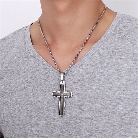 Men S Black Bible Lord S Prayer Jesus Christ Cross Pendant Necklace In