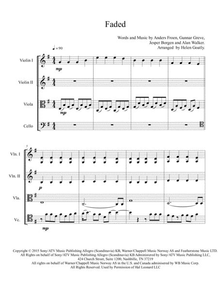 Faded Arr Helen Goatly By Alan Walker Sheet Music For String Quartet At Sheet Music Direct