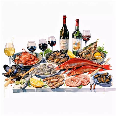 Premium Photo Watercolor Seafood And Wine Seafood Dinner Painting