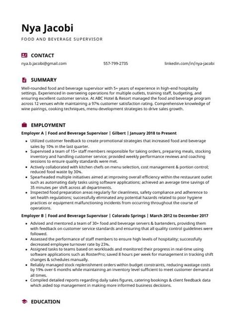 Food And Beverage Supervisor Resume Cv Example And Writing Guide