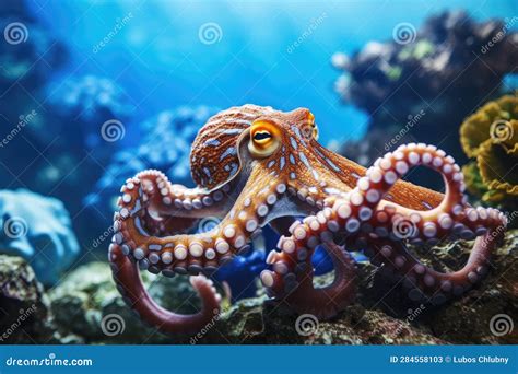 Octopus And Coral Reef In The Sea Generative Ai Stock Illustration