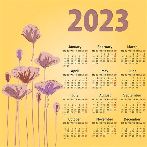 Elegante Calendario Con Flores Para 2023 La Semana Comienza El Lunes Vector Premium