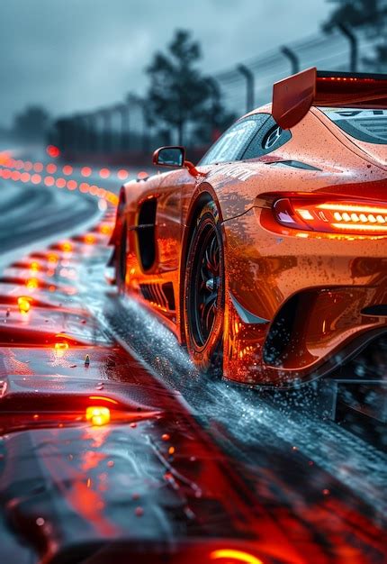 Premium Photo Sports Car Driving On Wet Road With Headlights On