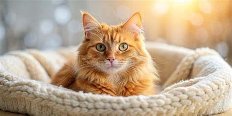 Cute Ginger Cat Lying In Bed Fluffy Pet Stretching Cozy Home Background