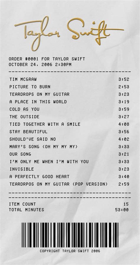 Taylor Swift Debut Receipt 🎸 Taylor Swift Songs List Taylor Swift