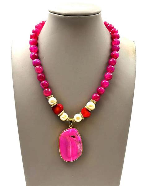 Collares Mujer Cortos Fucsias Con Piedras Semipreciosas Perlas Y Agatas