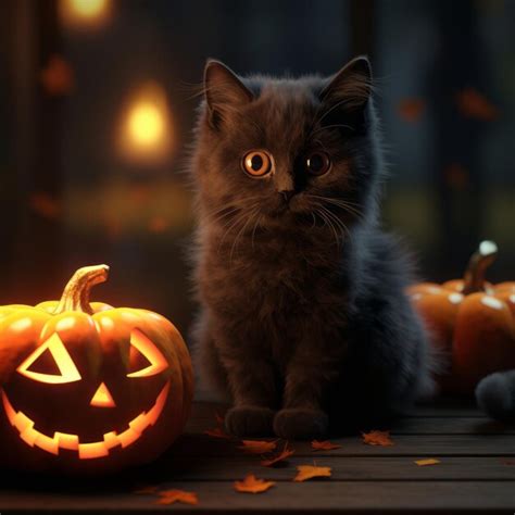 Premium AI Image | a black kitten sitting next to pumpkins and ...