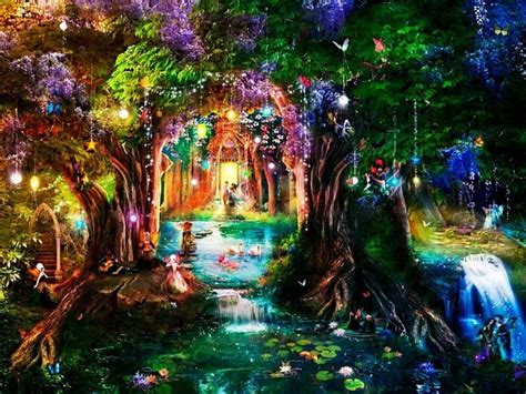 Fairyland Flowers Waterfall Path Butterflies Trees Lights Hd