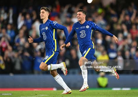 Kai Havertz And Mason Mount Of Chelsea Celebrate After Kepa