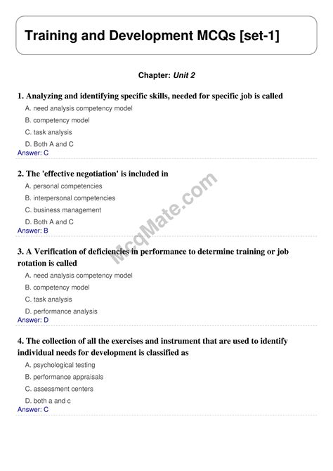 Training And Development Chapter Unit 2 Solved Mcqs Set 1 Mcq Mate