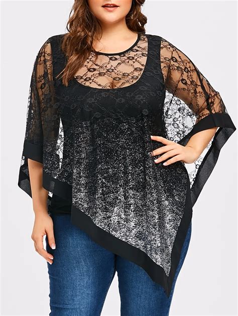 5xl Plus Size Sheer Lace Overlay Blouse Sexy Women Summer Top O Neck Batwing Blouse Female