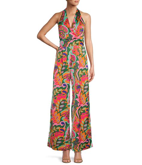 Sugarlips Satin Tropical Print Halter Neck V Neck Sleeveless Jumpsuit