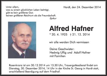 Traueranzeigen Von Alfred Hafner Schwarzw Lder Bote Trauer