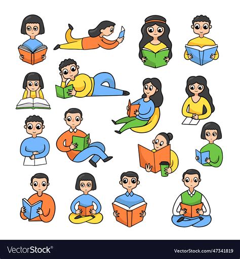 Male and female cartoon characters reading books Vector Image