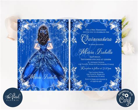 Royal Blue Quinceanera Invitation Template Editable 15th Etsy