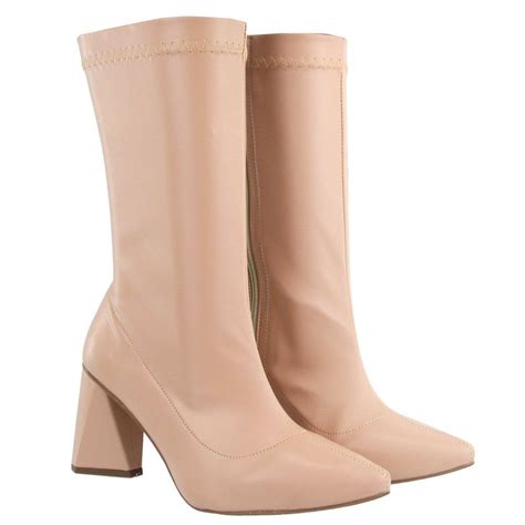 Bota Feminina Cano Médio Salto Triângulo Stretch Verniz Nude