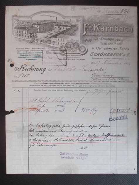 2386 Rechnung Dachpappen Fabrik Fr Karnbach Schönebeck a Elbe 1923