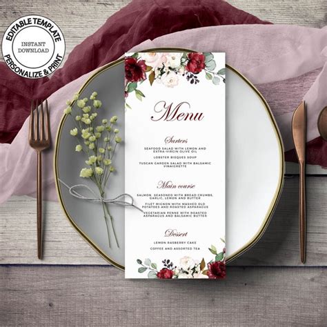 Red Rose Wedding Menu Etsy