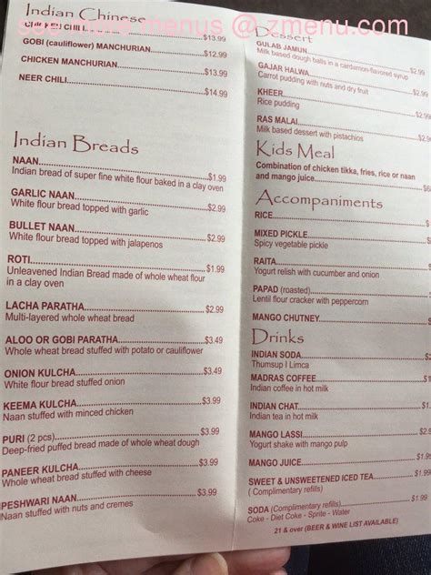 Menu at Taste Of India restaurant, Columbus